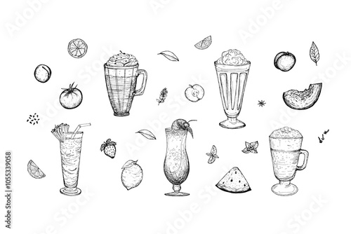 Sketch cocktail and fruits set. Hand drawn vector drawn glasses with drink. Mojito, lemonade, martini, champagne, fruit tea, Blue Lagoon, Pina colada, Collins.