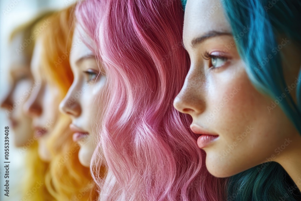Models showing colorful dyed hairstyles in a beauty salon Models showing colorful dyed hairstyles in a beauty salon