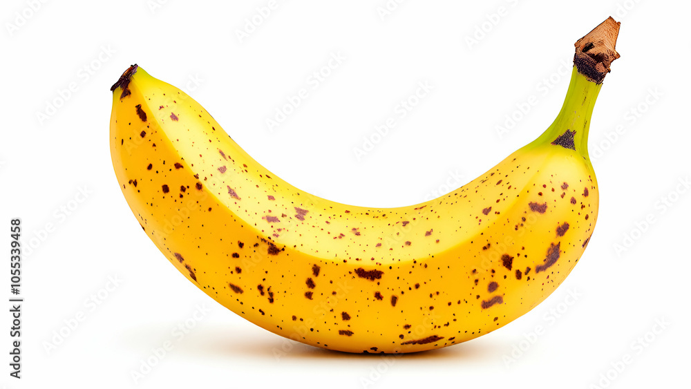 A single ripe yellow banana with brown spots is isolated on a white background. A single ripe yellow banana with brown spots is isolated on a white background.