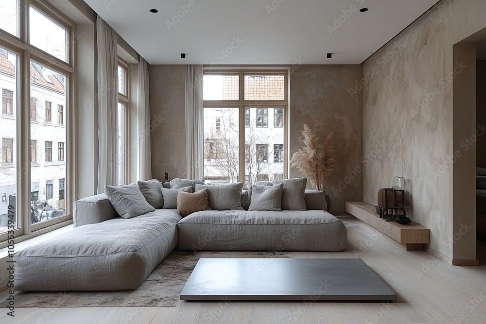 Fototapeta premium Modern Scandinavian interiors in residential living rooms with window-viewed comfortable sofas and tables. Generative AI 