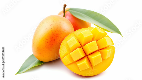 Two whole mangoes with one sliced open, revealing its yellow flesh. Green leaves adorn the fruit, set against a crisp white backdrop.