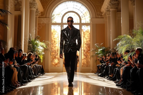 Fashion model wearing black suit walking runway show in luxury palace photo