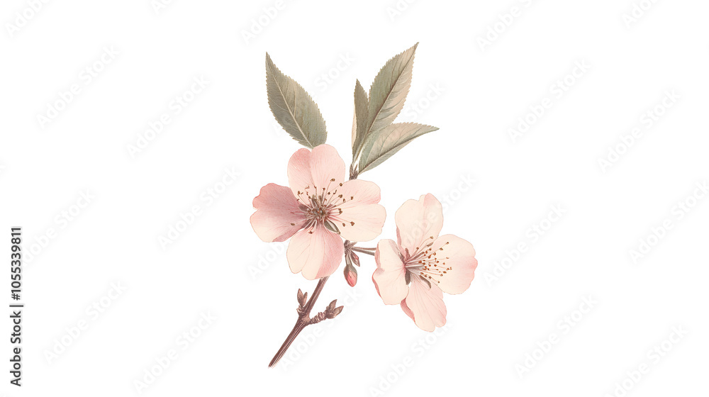 A delicate sprig of pink cherry blossoms with two fully bloomed flowers and two buds. A delicate sprig of pink cherry blossoms with two fully bloomed flowers and two buds.