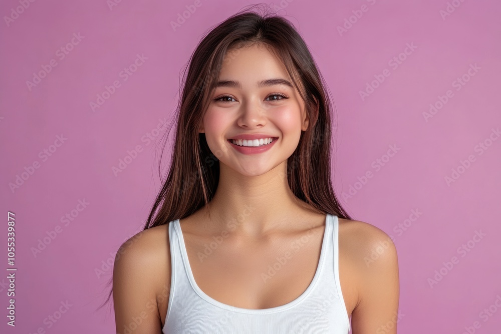 Cheerful girlfriend in white tank top smiling in full body photo. Cheerful girlfriend in white tank top smiling in full body photo.