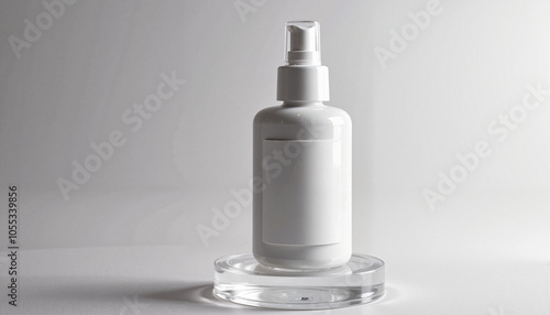 Packaging mockup for skincare product. Isolated white spray bottle on glass platform