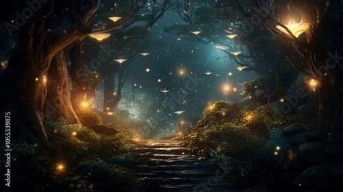 Fairytale night forest with stone steps and glowing particles