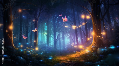 Fairytale forest with purple-blue haze and golden glowing butterflies