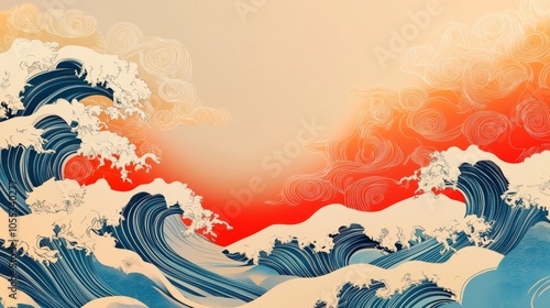 Fototapeta Naklejka Na Ścianę i Meble -  A painting of a wave with a red and orange sky in the background