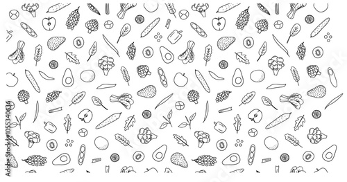 Seamless background pattern of organic farm fresh fruits and vegetables. Vector illustration. Outline style doodle design. black and white