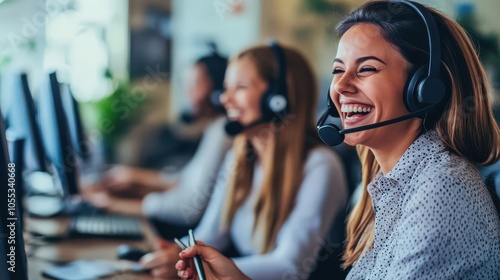 Group of call center agents laughing during a break, positive team environment, office lifestyle