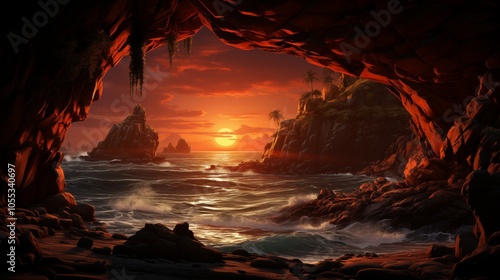 View from a cave overlooking the ocean with a rocky shore and sunset in the distance