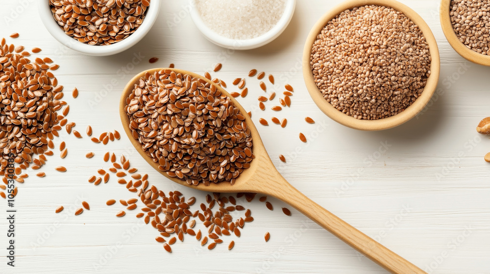 Assortment of flaxseeds and sesame seeds in bowls and a wooden spoon on a white wooden surface Assortment of flaxseeds and sesame seeds in bowls and a wooden spoon on a white wooden surface