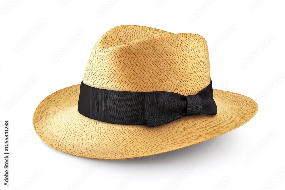 Panama hat style straw hat with black ribbon for head protection. Panama hat style straw hat with black ribbon for head protection.