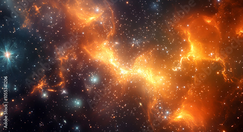 A vibrant nebula with swirling orange and blue gas clouds, a cosmic dance of light and color.