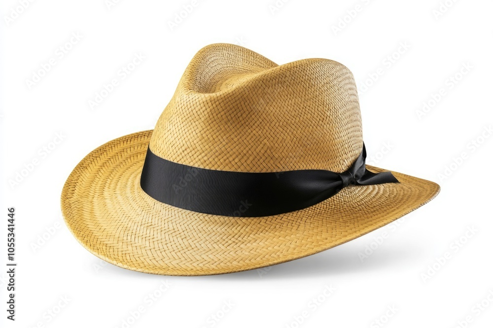 Panama hat style straw hat with black ribbon for head protection. Panama hat style straw hat with black ribbon for head protection.