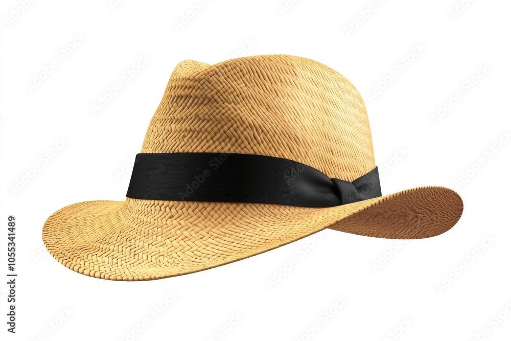 Panama hat style straw hat with black ribbon for head protection. Panama hat style straw hat with black ribbon for head protection.