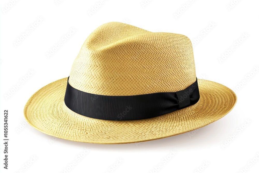 Panama hat style straw hat with black ribbon for head protection. Panama hat style straw hat with black ribbon for head protection.