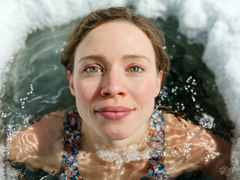 Fototapeta premium Portrait of a young woman swimming with head above water, smiling peacefully