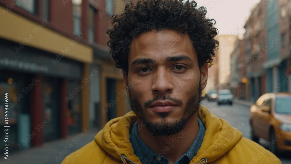 Urban Portrait of a Young Mixed Race Man, man with a mixed-race background standing on a city street, wearing a mustard-yellow hoodie layered over a denim shirt. Urban Portrait of a Young Mixed Race Man, man with a mixed-race background standing on a city street, wearing a mustard-yellow hoodie layered over a denim shirt.