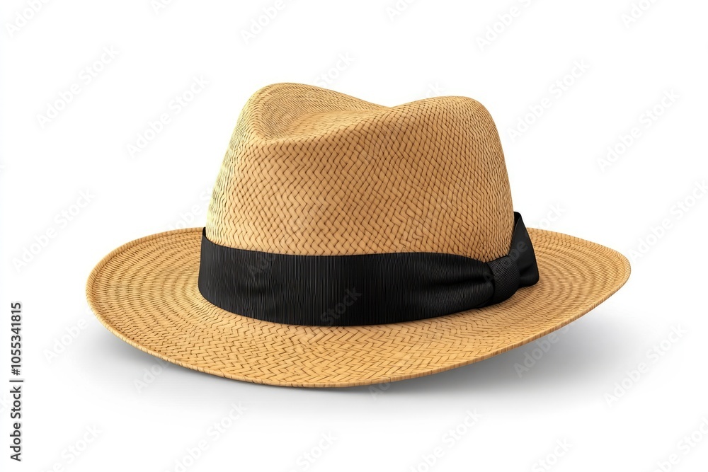 Panama hat style straw hat with black ribbon for head protection. Panama hat style straw hat with black ribbon for head protection.