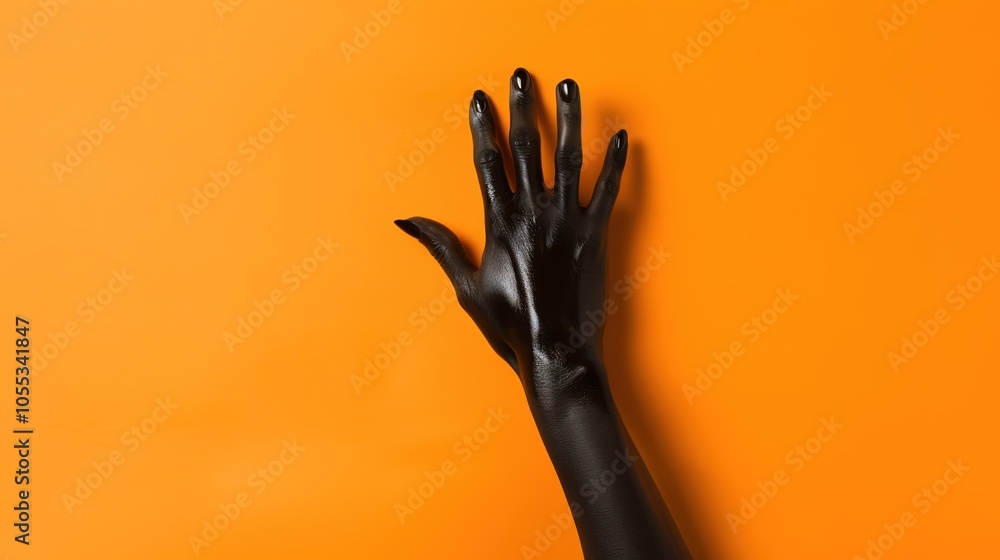 Witch's Black Hand on Orange Background - a striking and eerie visual. The black hand contrasts dramatically with the vibrant orange, creating a captivating Halloween atmosphere. Witch's Black Hand on Orange Background - a striking and eerie visual. The black hand contrasts dramatically with the vibrant orange, creating a captivating Halloween atmosphere.