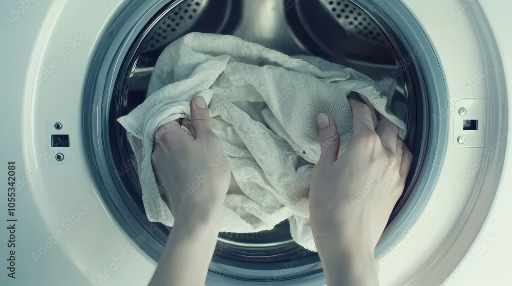 A high-resolution stock photo showcases a woman's hands holding a stained white cloth with fabric detergent nearby, set against a bright room with a washing machine, illuminated by natural light. A high-resolution stock photo showcases a woman's hands holding a stained white cloth with fabric detergent nearby, set against a bright room with a washing machine, illuminated by natural light.
