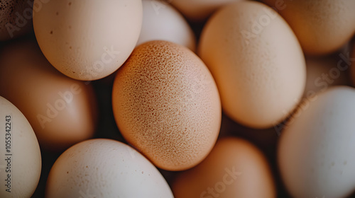 Close up of a pile of brown and white eggs.