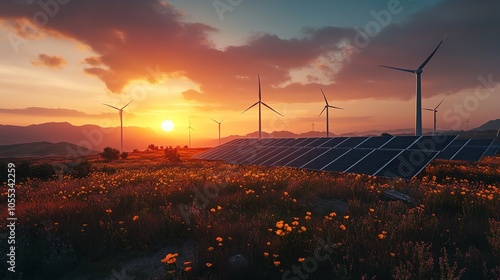 Solar Panels and Wind Turbines Under Sunset Background