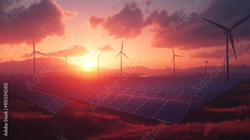 Solar Panels and Wind Turbines Under Sunset Background