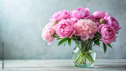 Fototapeta Naklejka Na Ścianę i Meble -  A bouquet of freshly picked pink peonies is arranged in a elegant glass vase, wedding, arrangement, flowers, vase