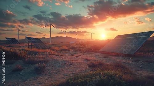 Solar Panels and Wind Turbines Under Sunset Background