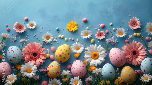Colorful Easter eggs with flowers on a blue background.