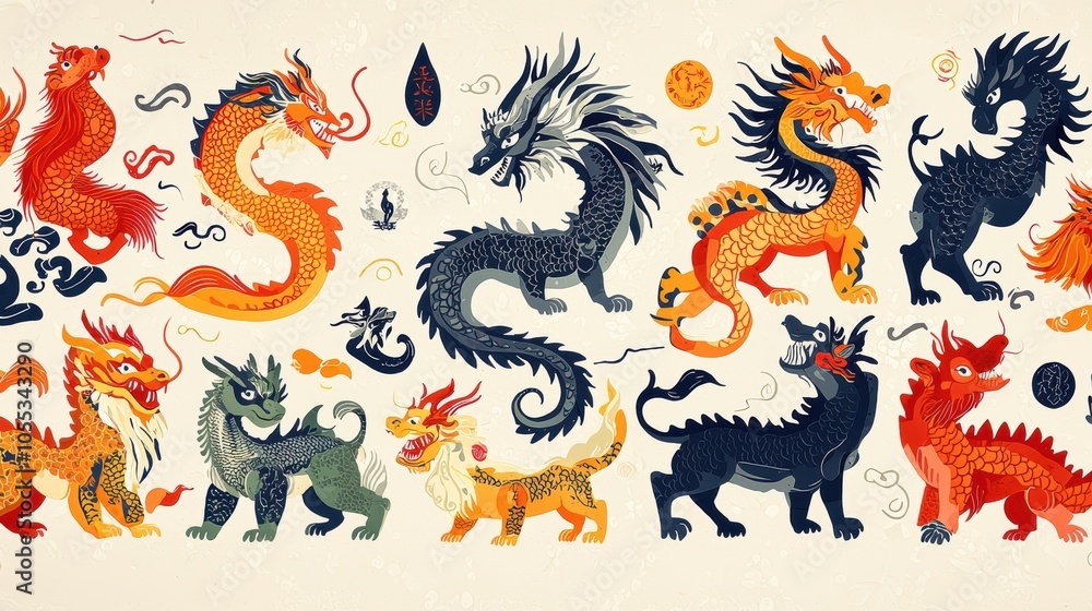 Multiple colorful dragons with swirling designs. Multiple colorful dragons with swirling designs.