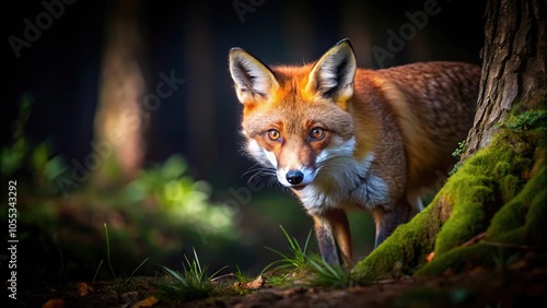 A red fox stalking its prey in a forest at night, forest, camouflage, hunting, red fox, stealth