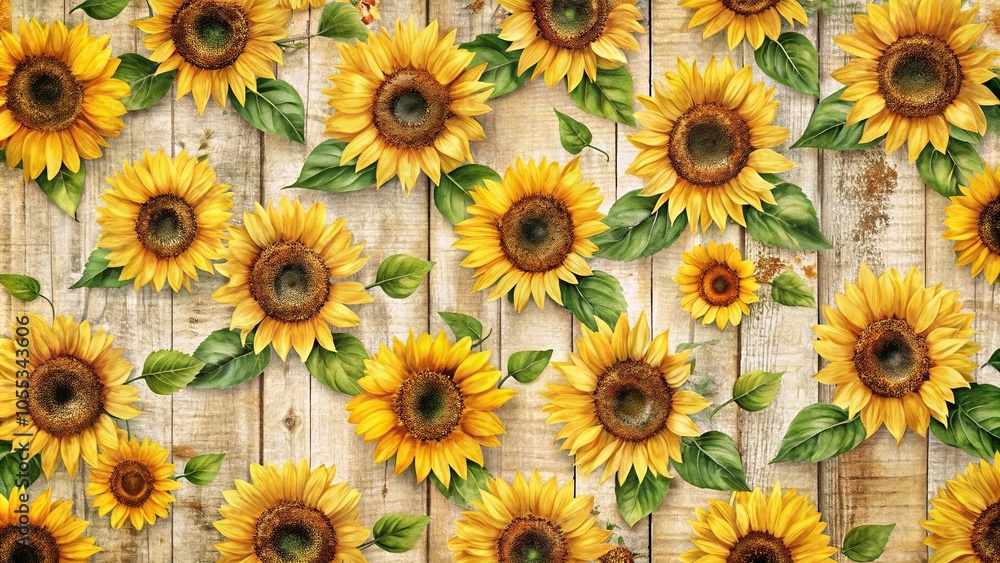 A rustic and charming sunflower pattern featuring sunflowers in various stages of growth with a distressed or vintage look and feel, textured, country charm, natural, botanical, home decor
