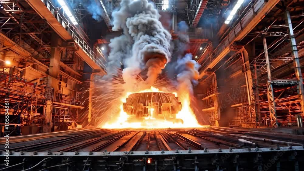 A fiery industrial scene with molten metal pouring and large clouds of smoke, showcasing heavy machinery in a steel mill. A fiery industrial scene with molten metal pouring and large clouds of smoke, showcasing heavy machinery in a steel mill.