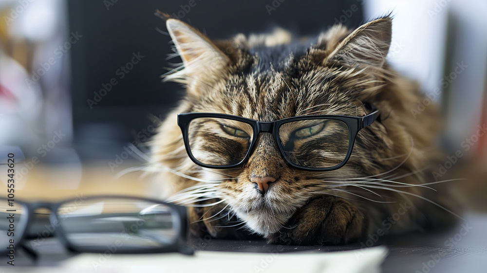 A scientist cat with glasses reads accounting documents, humor a business colleague