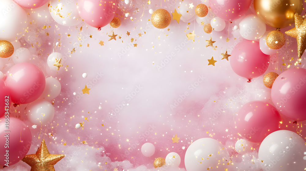 Pink and gold balloons and confetti on a white background. Pink and gold balloons and confetti on a white background.