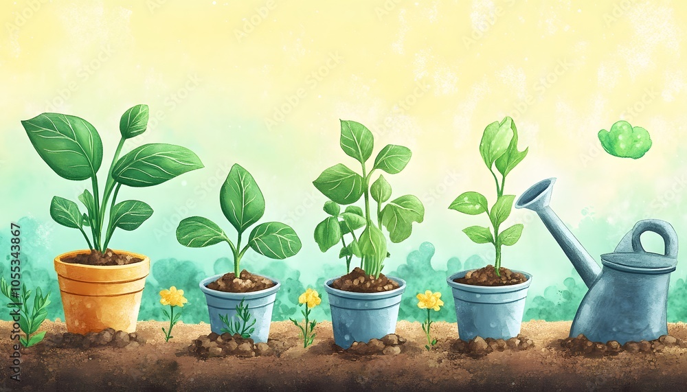 Obraz premium Five potted plants in a row with a watering can