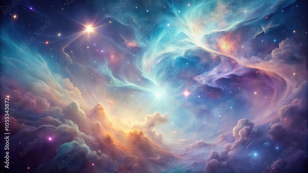 Fototapeta premium A serene and peaceful nebula with soft pastel colors and delicate wispy tendrils, astronomy equipment, galaxy cluster, rocket, celestial body, satellite