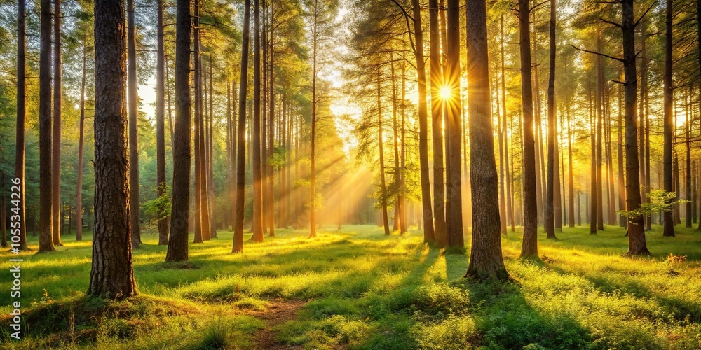 Obraz premium A serene forest scene with trees bathed in a soft golden light during the late afternoon hours, rural scenery, evening mist, outdoor wonder, woodland landscape, golden light