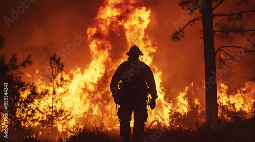 Silhouetted firefighter battling a large wildfire in a forest.