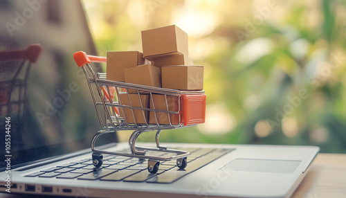 E-Commerce Symbol with Mini Cart and Packages on Laptop Keyboard
