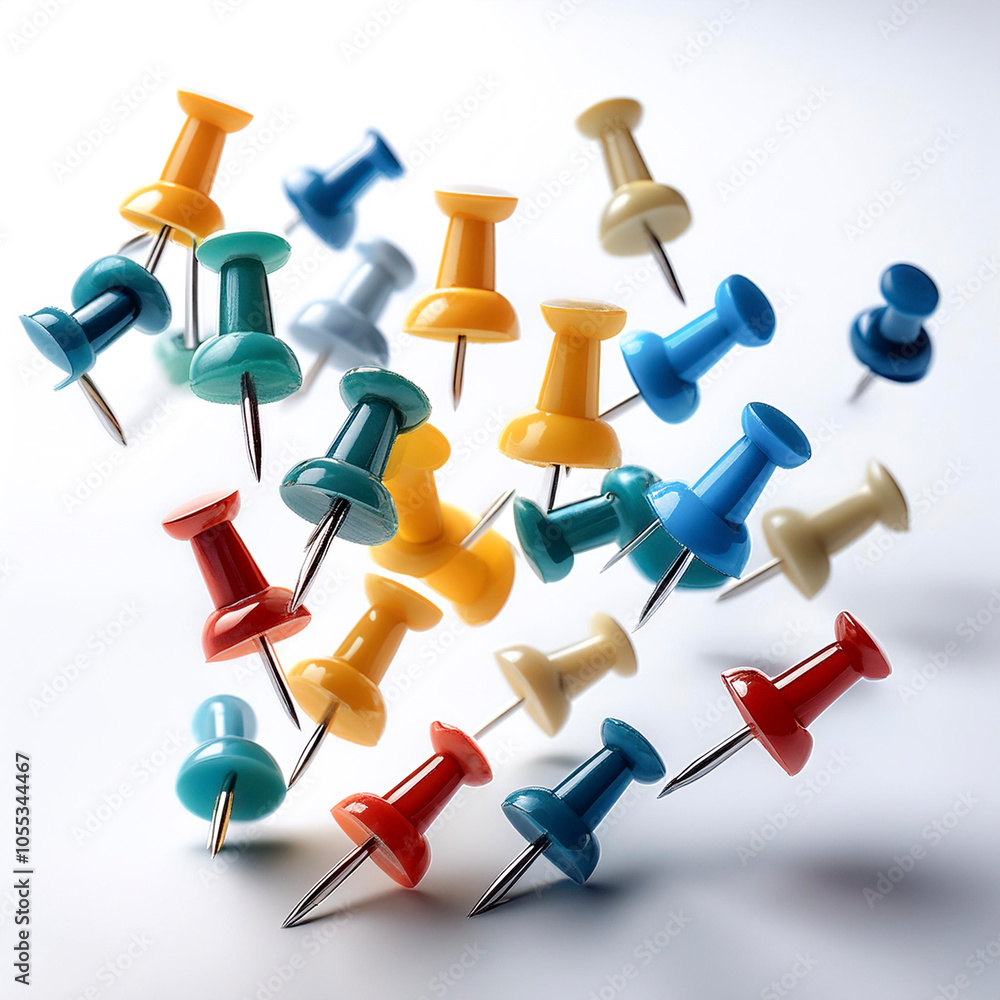 push pins floating or flying isolated white background push pins floating or flying isolated white background