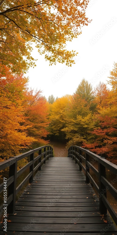 A serene landscape of a wooden bridge surrounded by vibrant autumn trees, environment, beauty, tranquil A serene landscape of a wooden bridge surrounded by vibrant autumn trees, environment, beauty, tranquil