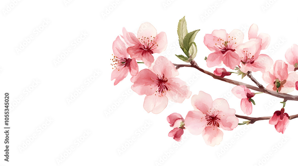 Watercolor painting of a branch with delicate pink cherry blossoms on a white background. Watercolor painting of a branch with delicate pink cherry blossoms on a white background.