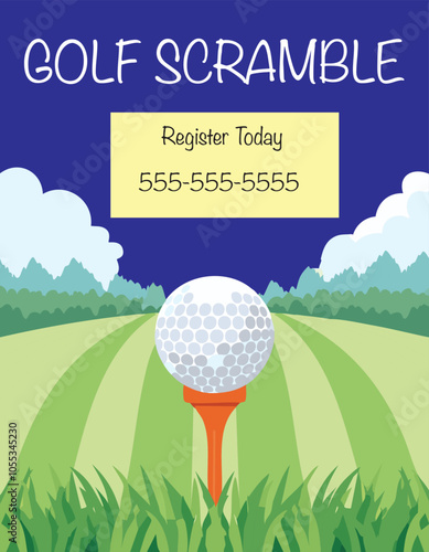 Golf scramble flyer featuring a golf ball on a tee with green fairways, trees, and clouds in the background. Bold "GOLF SCRAMBLE" text and registration info. Perfect for promoting golf events.