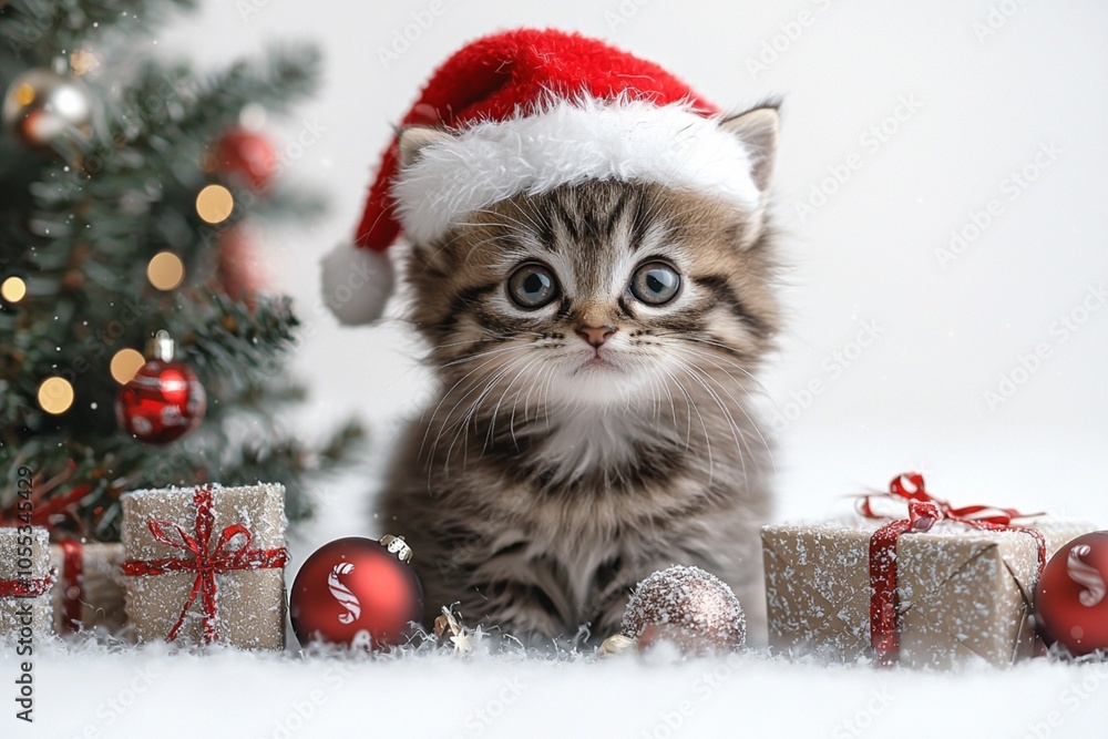 A cute kitten wearing a Santa hat, sitting beside a Christmas tree with gifts underneath A cute kitten wearing a Santa hat, sitting beside a Christmas tree with gifts underneath