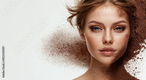 **Beautiful woman with natural-looking makeup on her face and a chocolate powder-like background, a beauty concept, against a white studio backdrop, with ample space for text. --ar 128:71 --v 6.1** -  photo