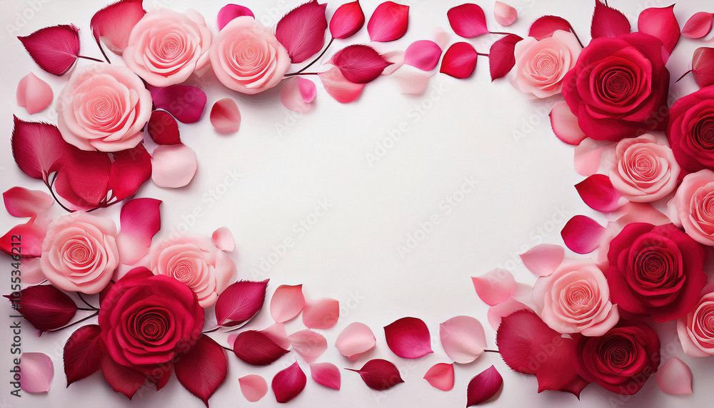 Beautiful frome of pink roses and petals on white background, flat lay. Copy space Beautiful frome of pink roses and petals on white background, flat lay. Copy space